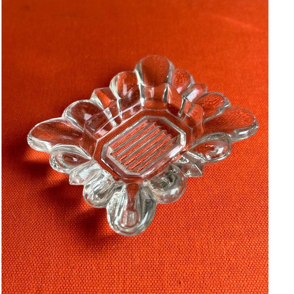 Vintage Art Deco Pressed Glass - Ashtray- Trinket Dish-  Clear- Scalloped Edges